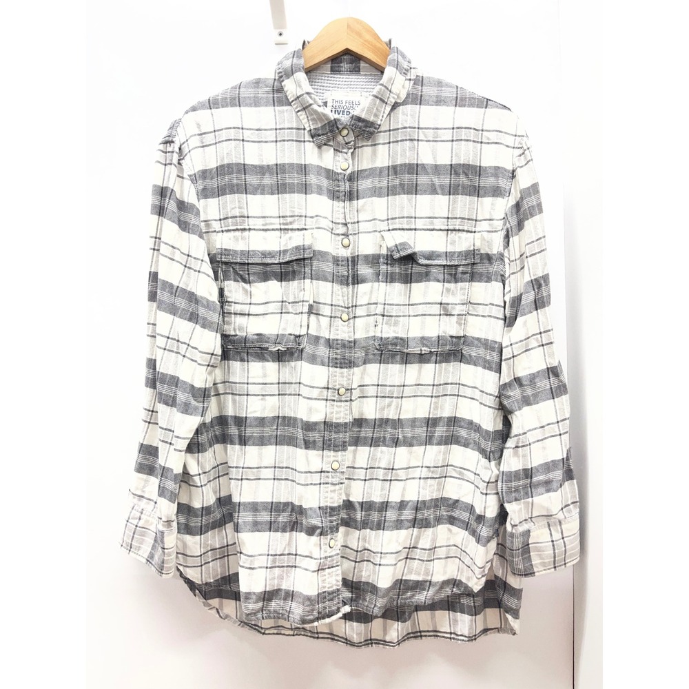 American Eagle Seriously Lived-In Plaid Flannel Shirt Grey White Mens Medium